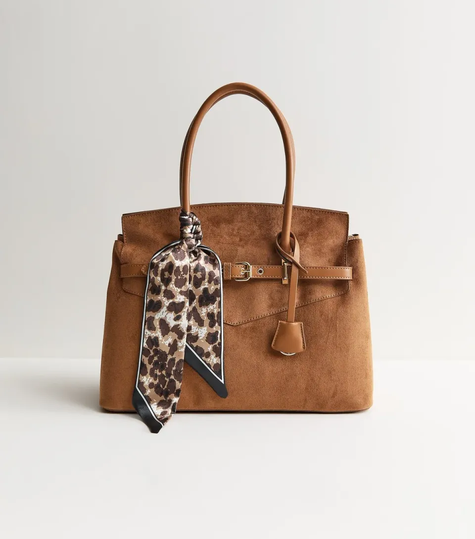 Tan Faux Suede Belted Tote Bag with Scarf