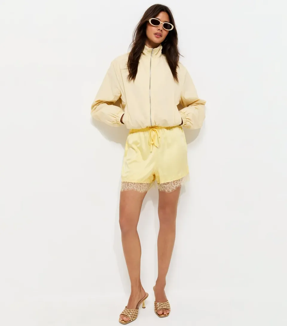 Women's Light Yellow Satin Lace Trim Shorts