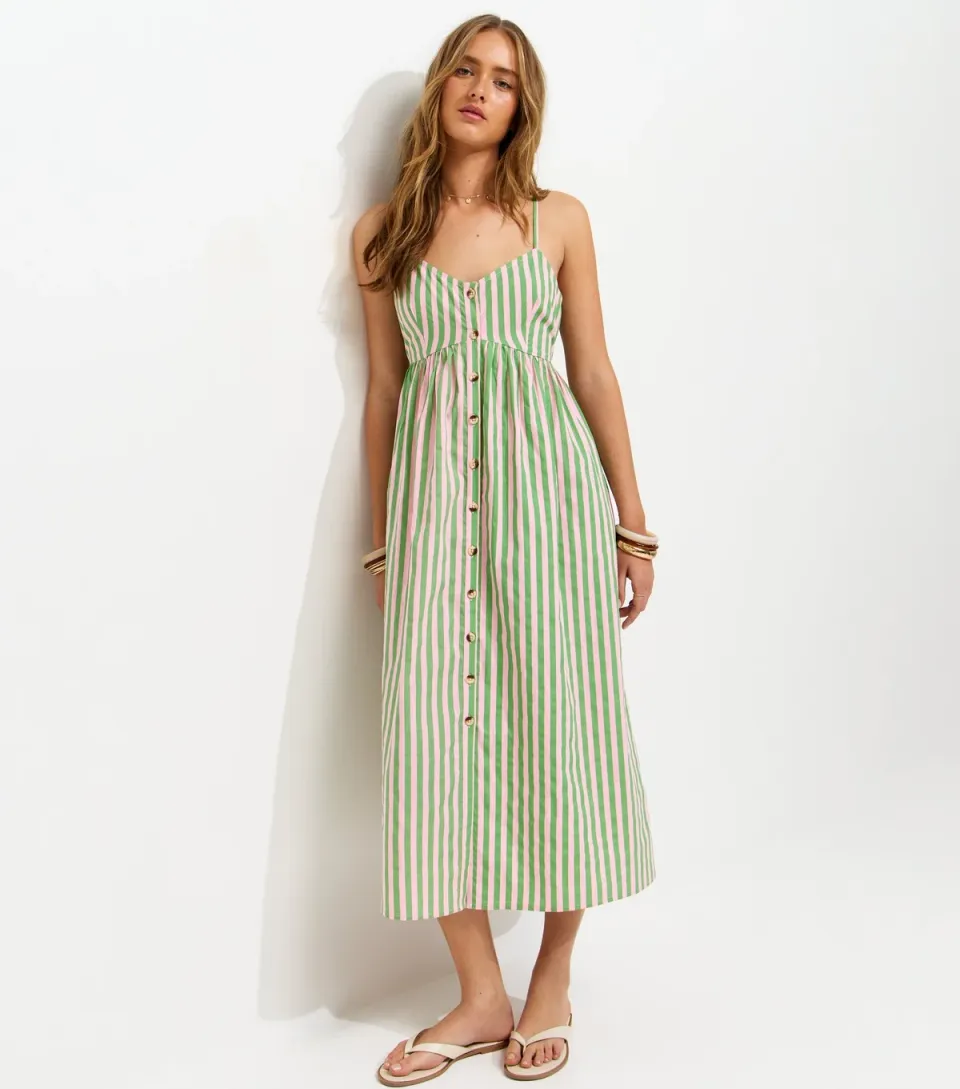 Women's Green Striped Button Front V-Neck Cami Midi Dress