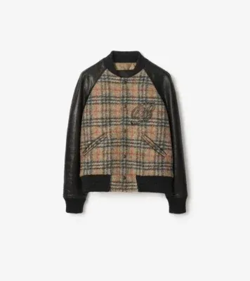 Check Wool and Leather Bomber Jacket in Sand beige