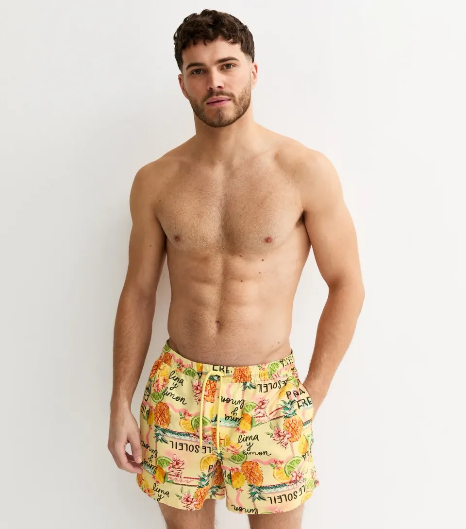 Men's Yellow Regular Tropical Swim Shorts