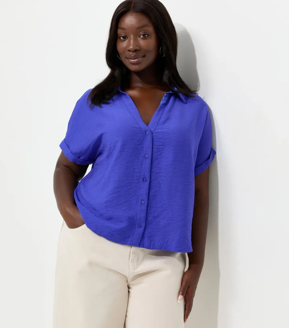 Women's Plus Size Dark Blue Plain Short Sleeve Shirt Curves