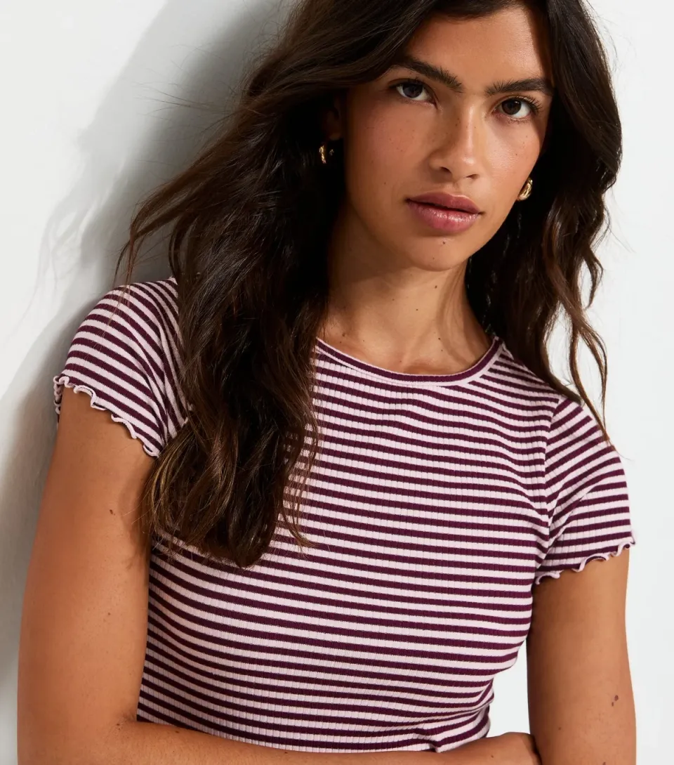 Women's Burgundy Striped Ribbed Babylock T-Shirt