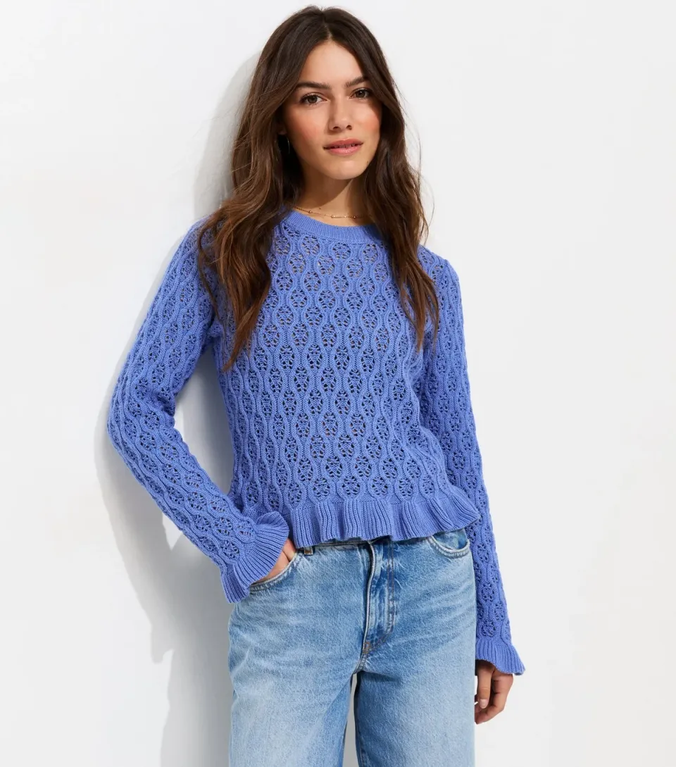 Women's Petite Blue Pointelle Frilly Hem Jumper