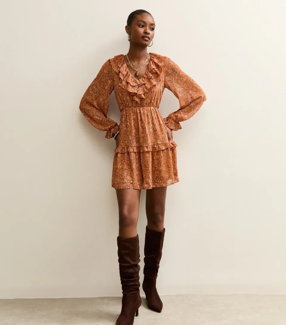 Women's Orange Chiffon Ruffle Paisley Pattern Mini Dress