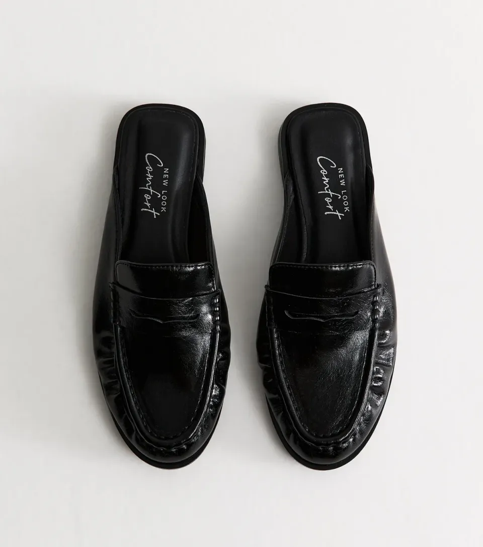 Women's Black Faux Leather Backless Penny Loafers Vegan