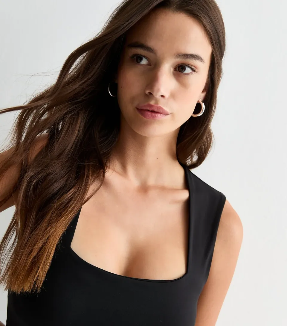 Women's Black Slinky Square Neck Thong Bodysuit