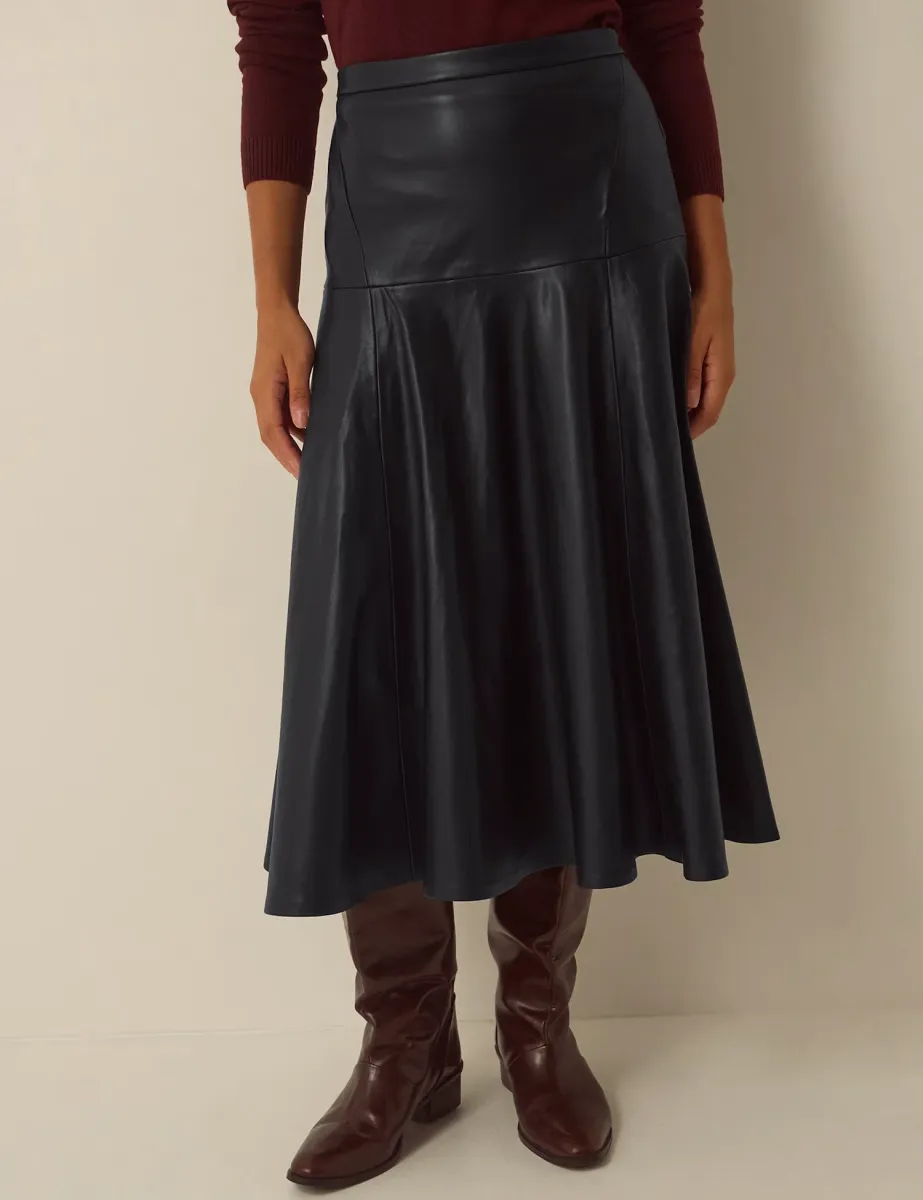 Plain Zip Front A Line Midi Skirt Black