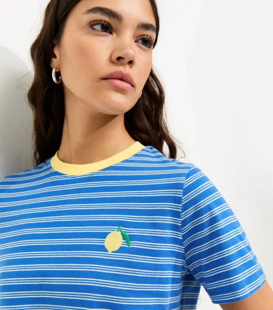 Women's Blue Striped Lemon Embroidered T-Shirt