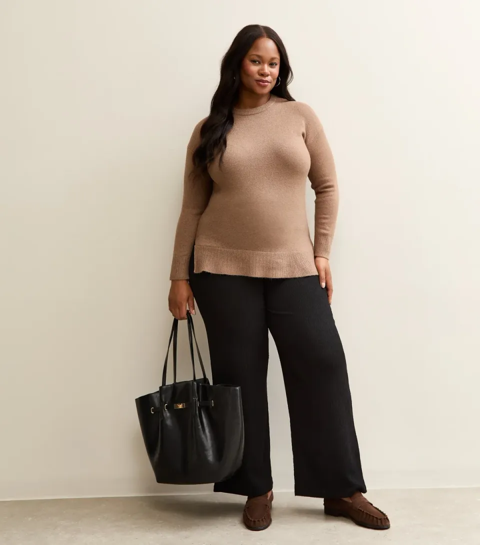 Women's Plus Size Black Crinkled Wide Leg Trousers Curves