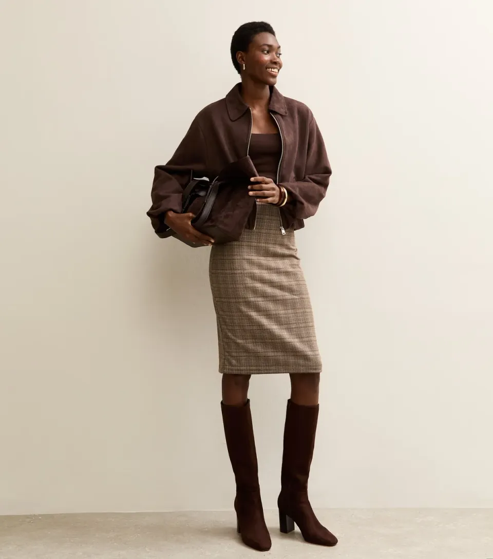 Women's Tall Brown Jacquard Check Pencil Skirt