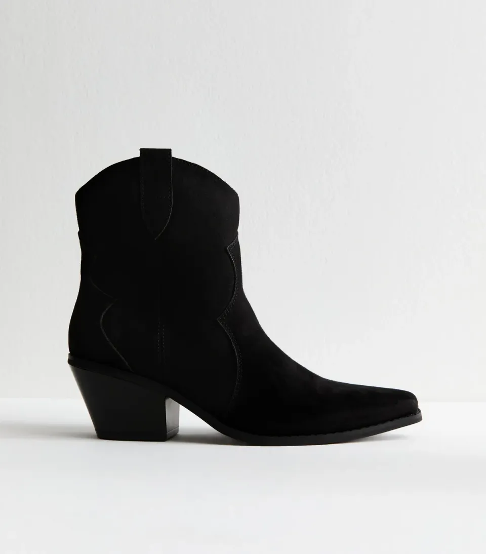 Women's Black Faux Suede Western Ankle Boots