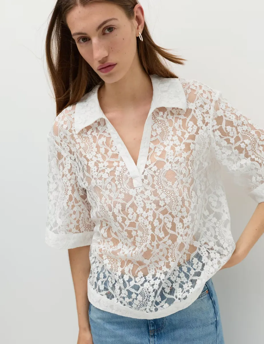 Cotton Blend Lace Collared Top Soft White