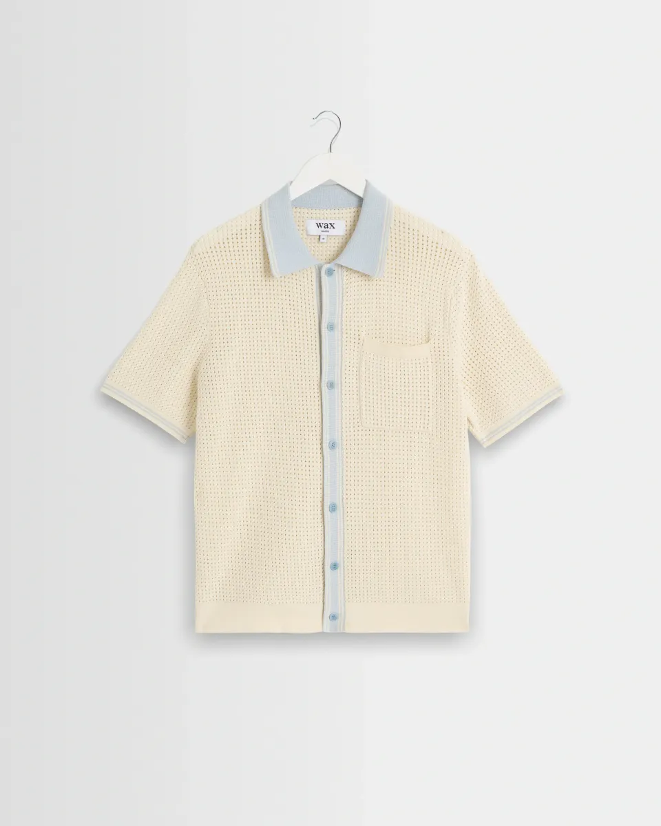 Belle - Ecru Blue Tipped Pointelle Polo Shirt
