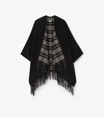 Reversible Check Wool Cape in Black/calico beige