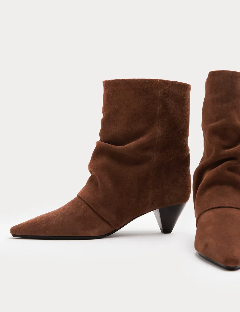 Suede Slouchy Cone Heel Pointed Ankle Boots Dark Tan