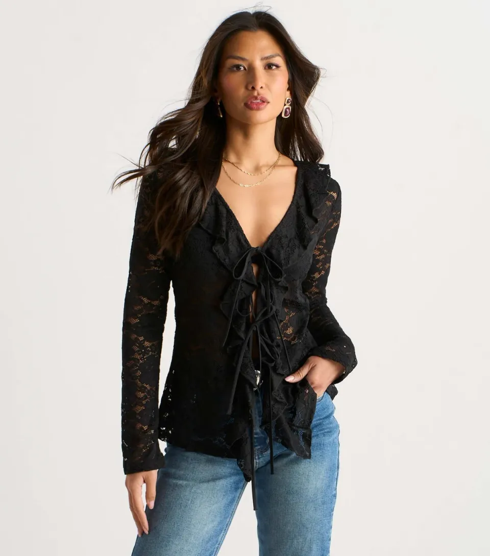 Women's Jersey Lace Tie Front Blouse