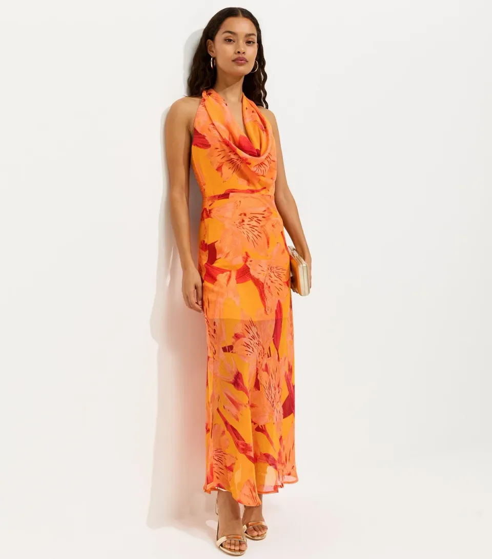 Women's Petite Orange Floral Print Halter Neck Maxi Dress