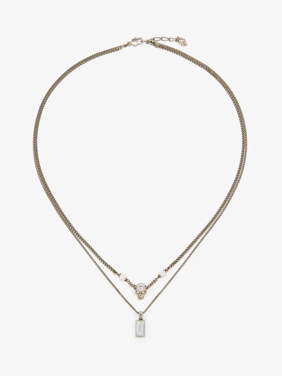 Skull & Pearl Layered Chain Necklace