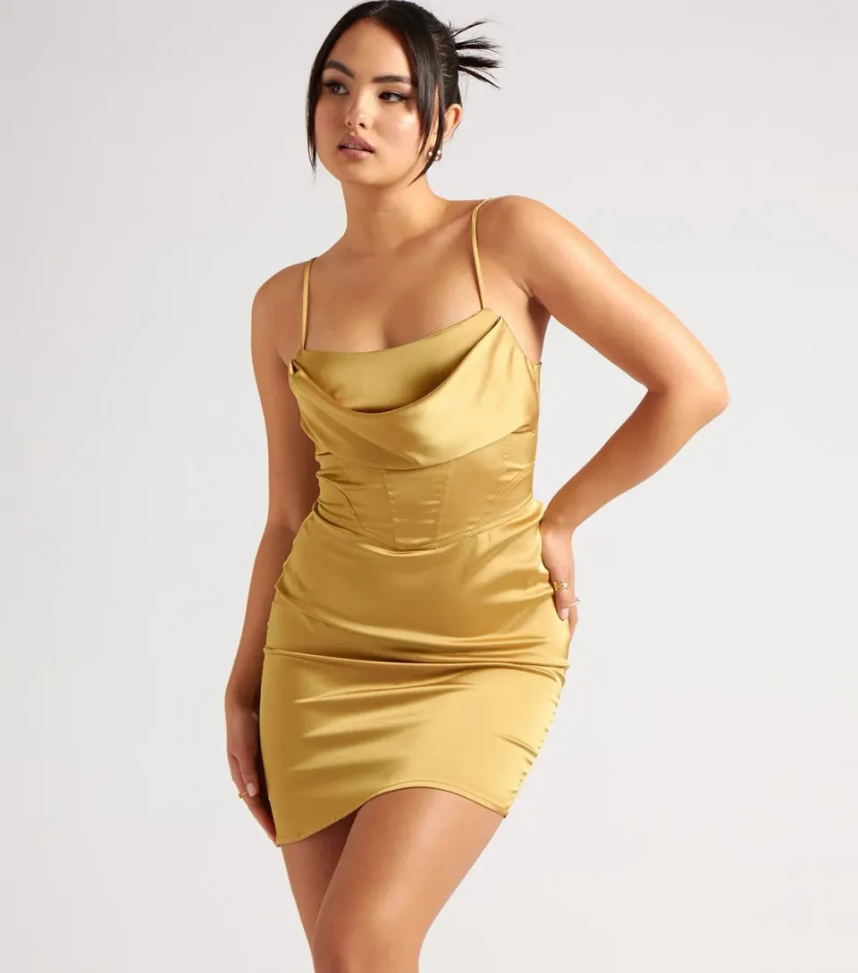 Women's Olive Satin Corset Mini Dress