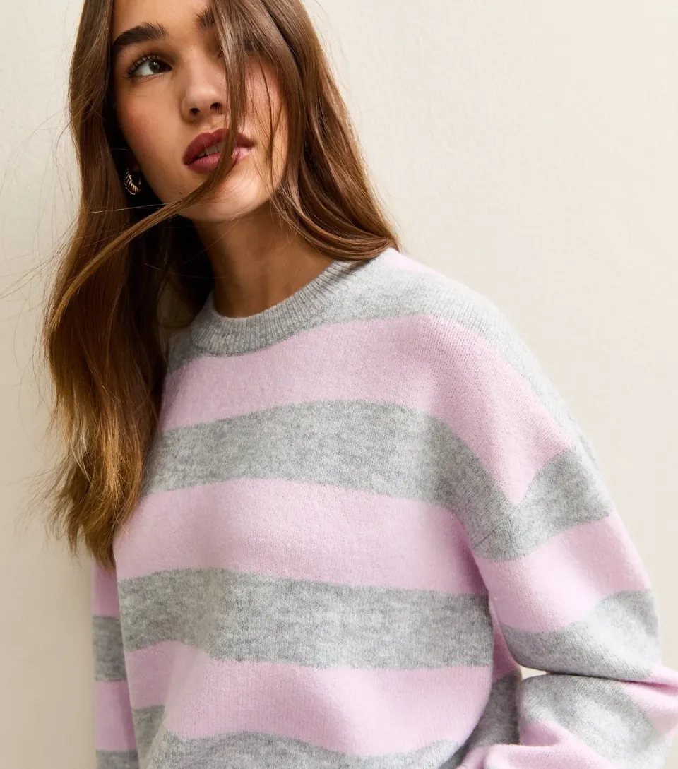 Women's Light Grey Striped Midweight Jumper