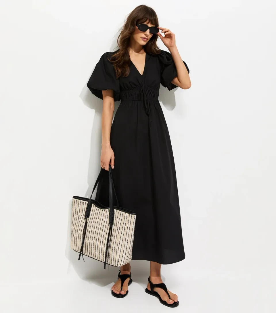 Women's Tall Black Cotton Puff Sleeve Midi Dress
