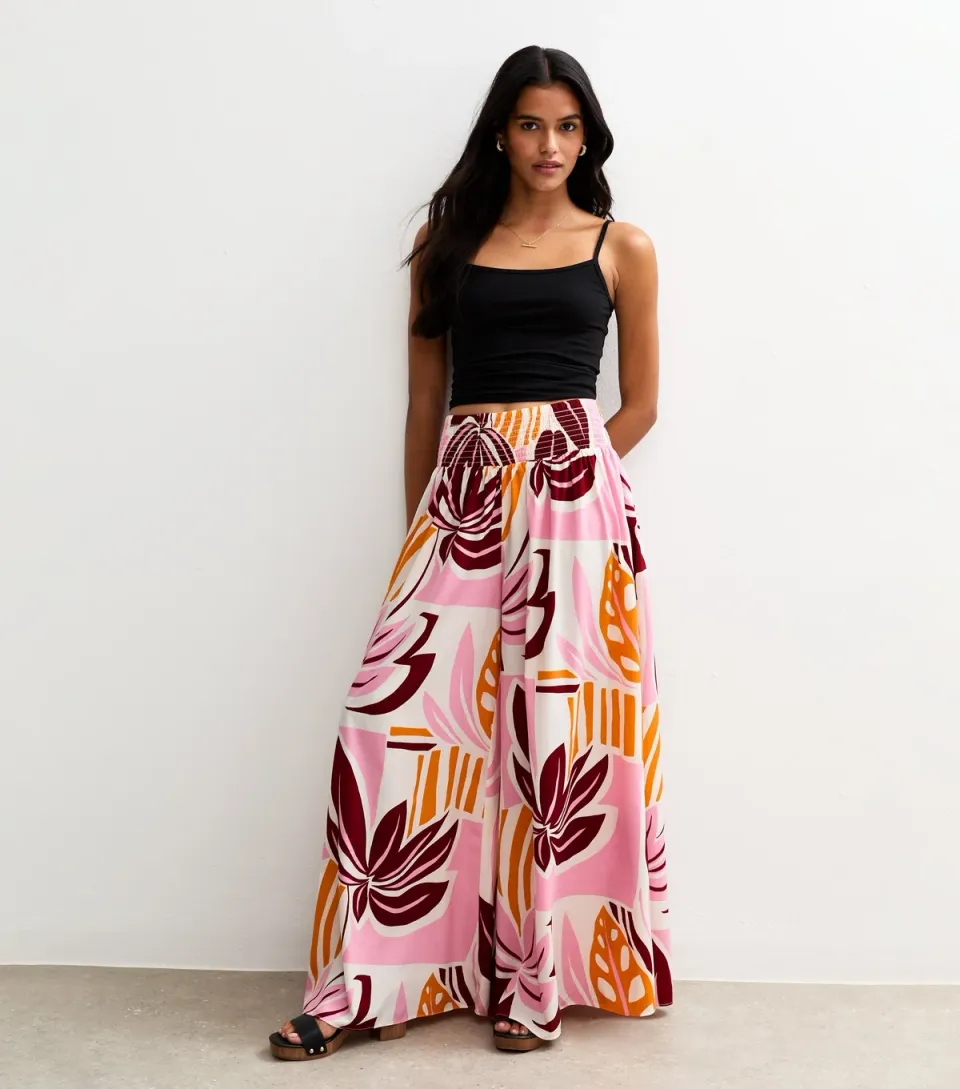 Women's Pink Palm Print Palazzo Trousers