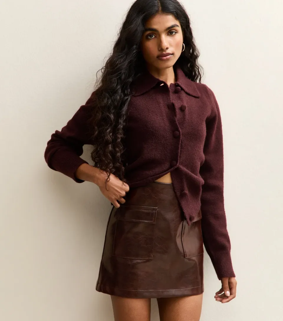 Women's Petite Dark Brown Cracked Faux Leather Mini Skirt