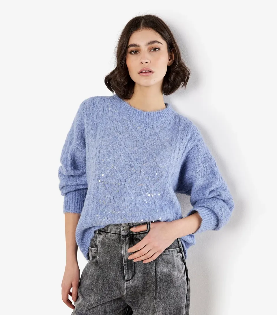 Women's Pale Blue Cable Knit Sequin Panel Jumper