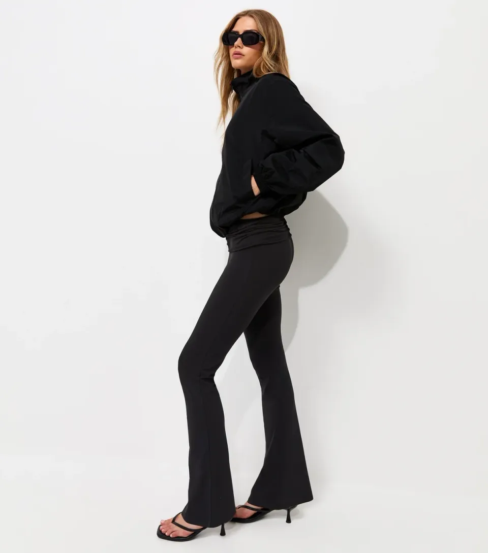 Women's Black Cotton Rich Fold Over Waistband Flared Leggings