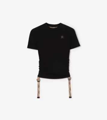 Check Trim Stretch Modal Cashmere T-shirt in Black - Women, Nylon