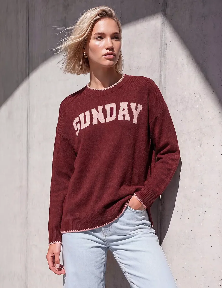 Sunday Slogan Jumper Burgundy Mix