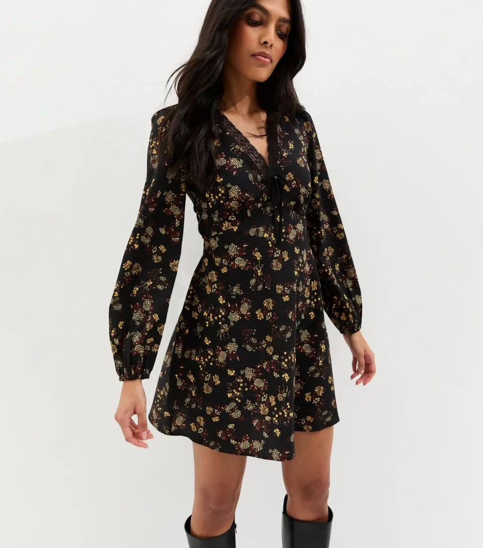 Women's Black Floral Print Lace Trim Mini Dress