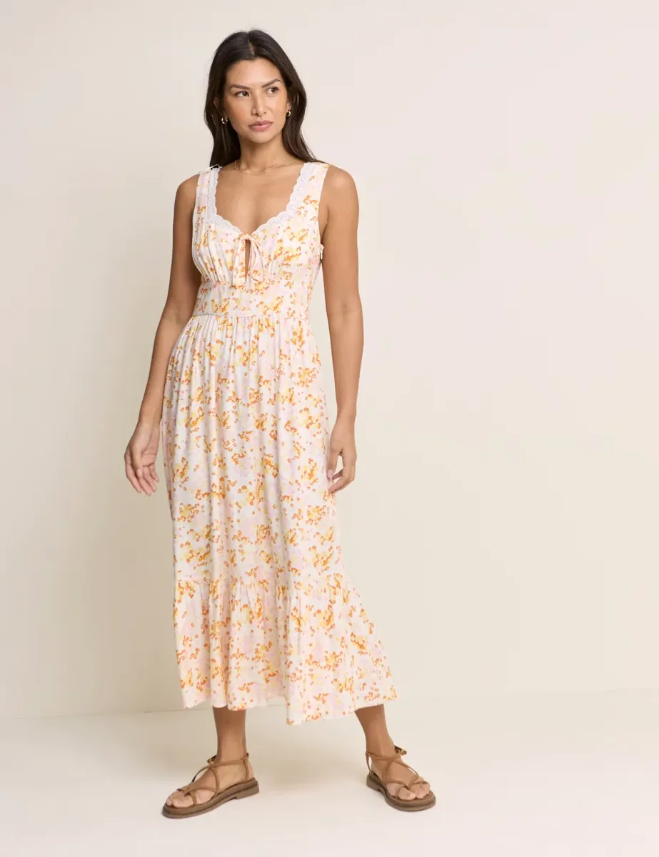 Floral Square Neck Midi Waisted Dress White Mix