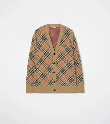 Check Cotton Wool Cardigan in Sand beige