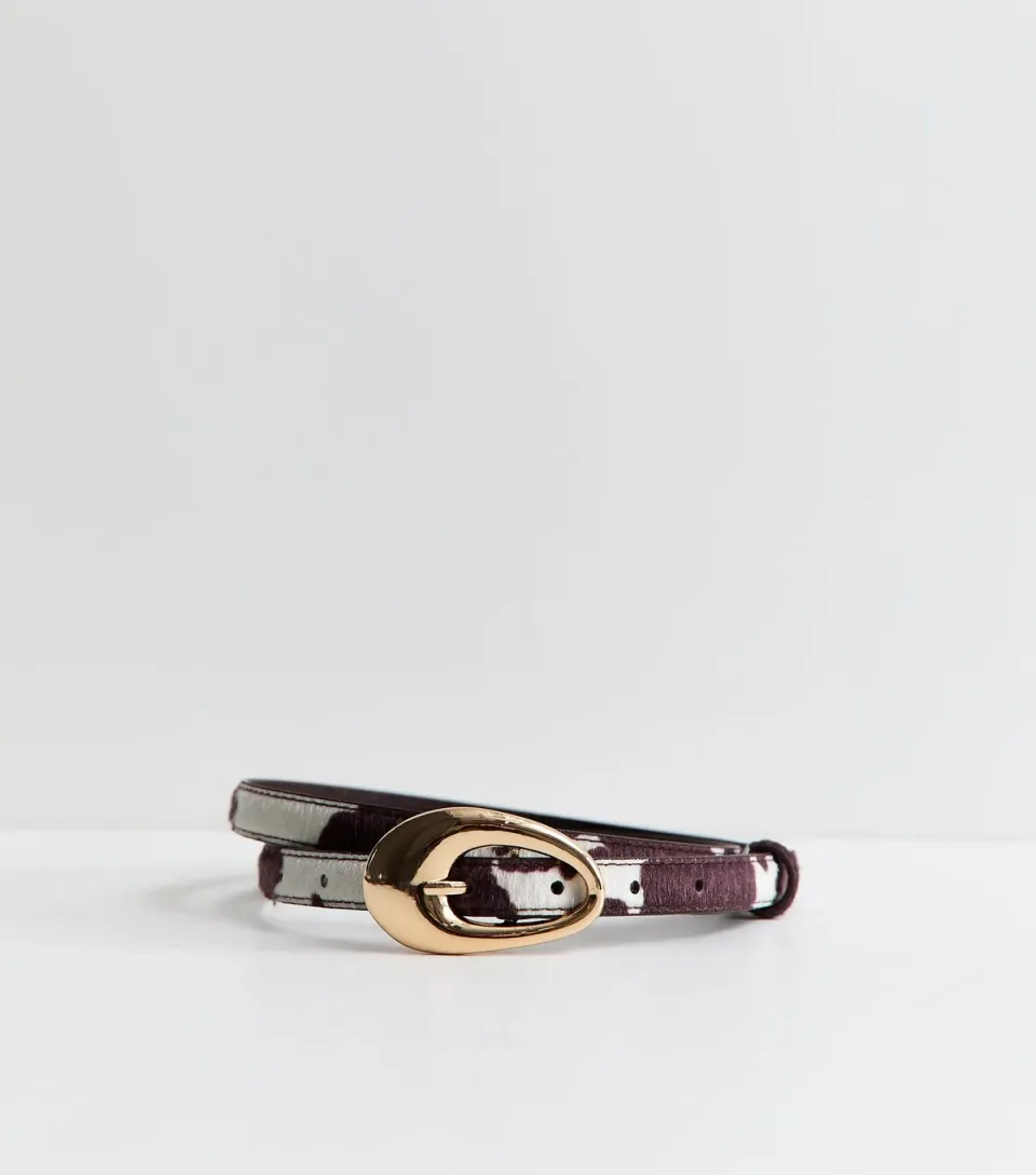 Brown Faux Leather Cow Print Oval Buckle Belt