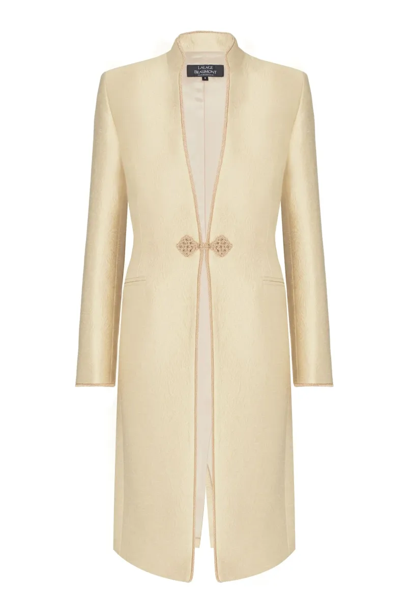 Gold Dress Coat in Summer Brocade with Cord Trim and Frogging - Vicky