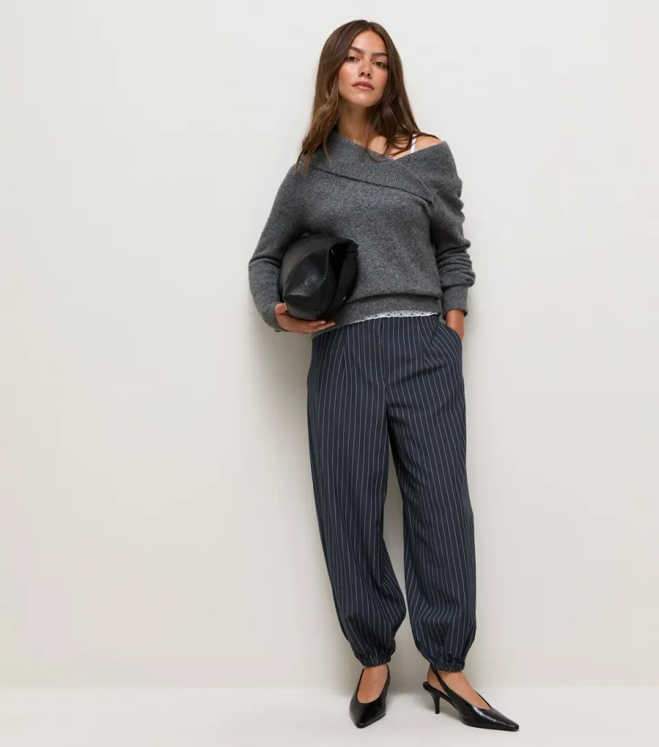 Women's Petite Blue Pinstripe Cuffed Trousers