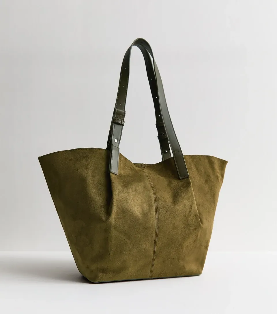 Khaki Faux Suede Shopper Tote Bag Vegan