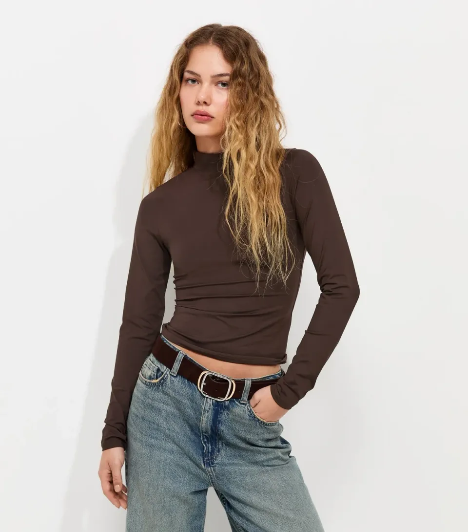 Women's Dark Brown Slinky Jersey High Neck Long Sleeve Top