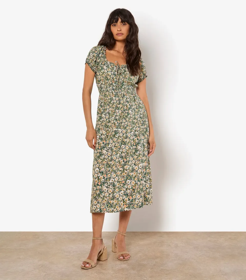 Women's Light Khaki Floral Milkmaid Midi Dress