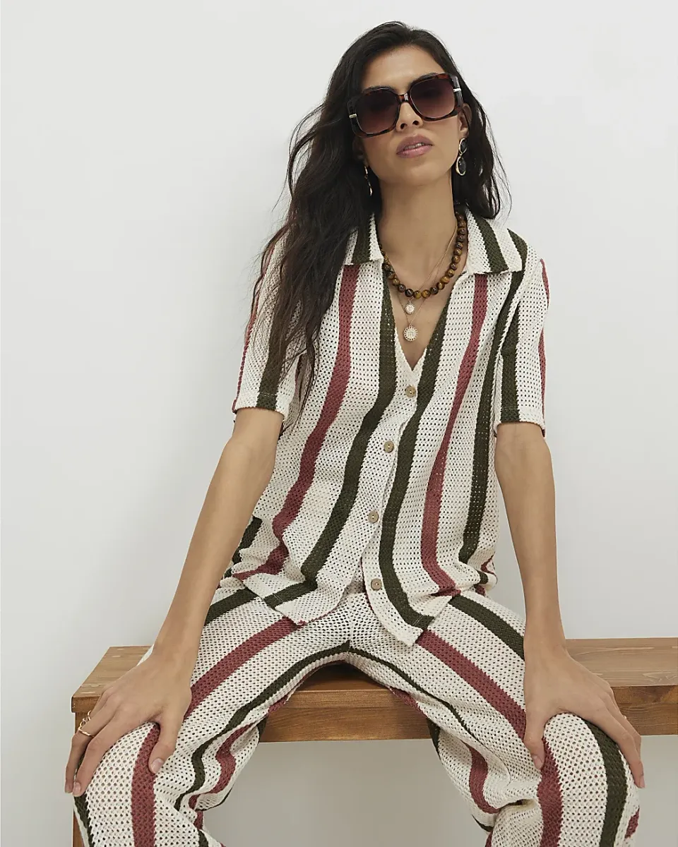 Cotton Blend Crochet Stripe Shirt