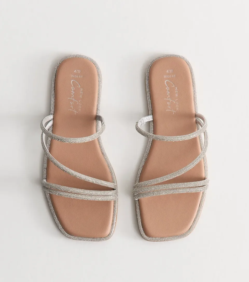 Women's Wide Fit Silver Multi Strap Diamanté Embellished Sandals Vegan