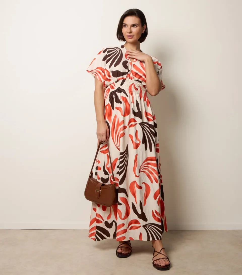 Women's Bright Orange Printed Midi Dress