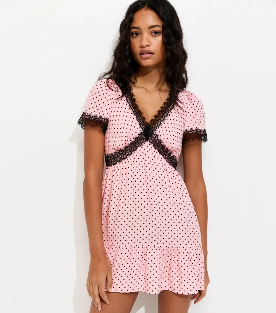 Women's Light Pink Polka Dot Lace Trim Mini Dress