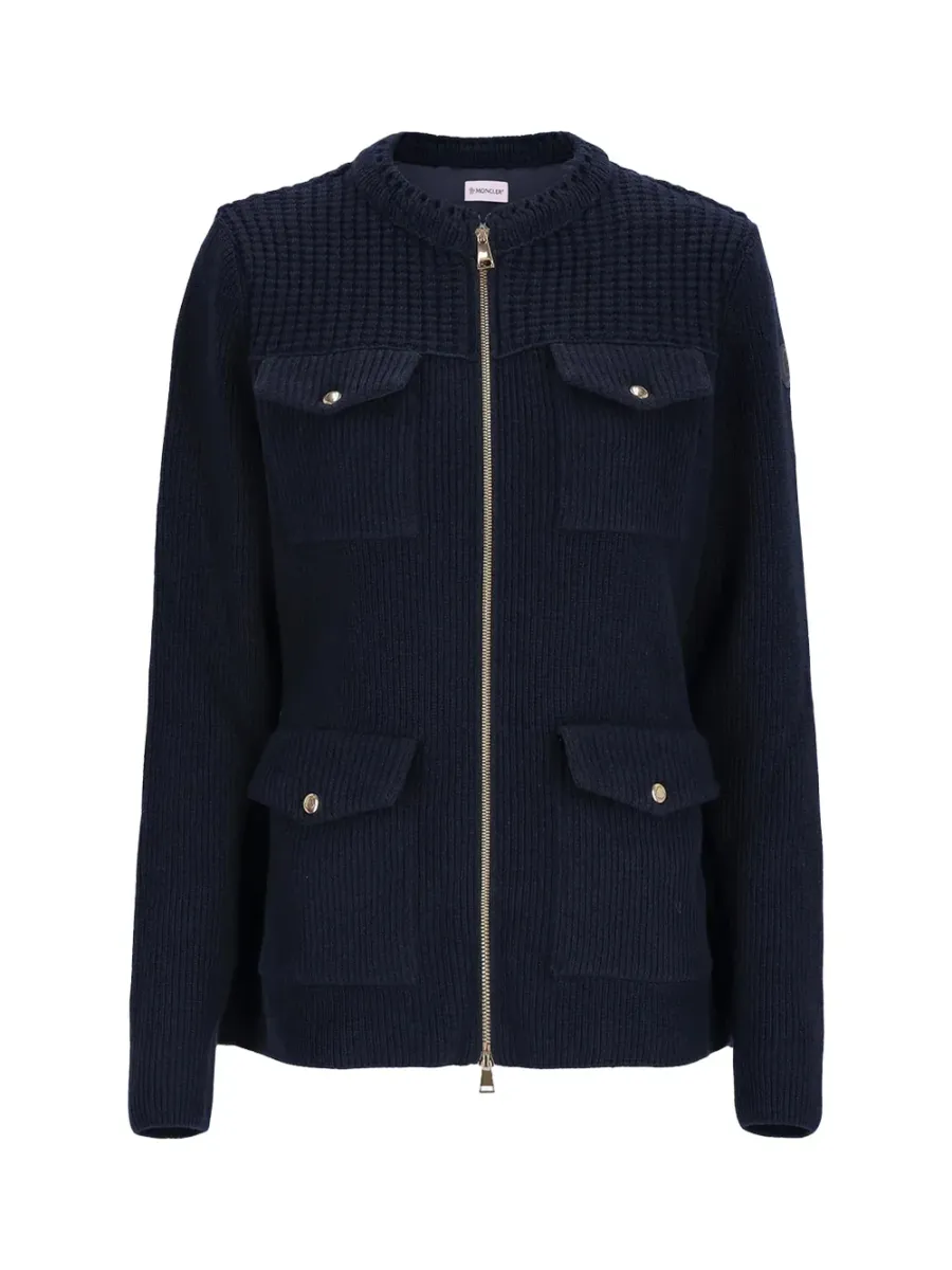 Women Padded Wool Zip-Up Cardigan Navy