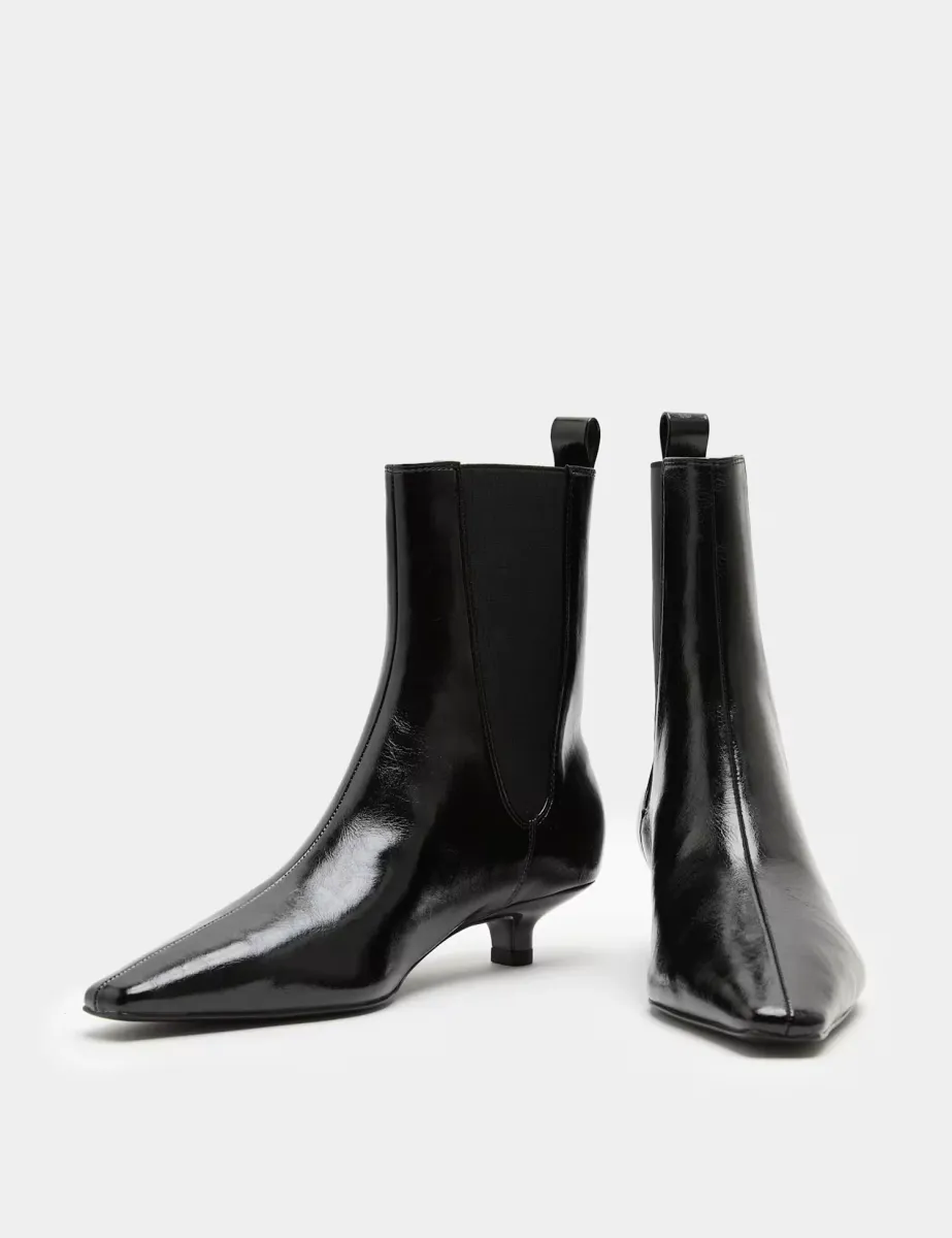Patent Chelsea Kitten Heel Pointed Ankle Boots Black