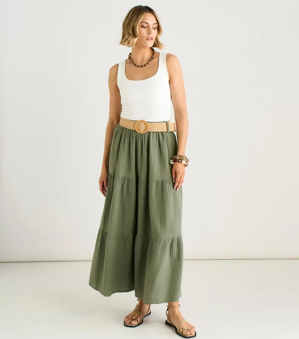 Women's Khaki Crinkled Belted Midi Skirt