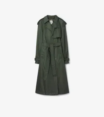 Long Nylon Hooded Trench Coat in Marrow green