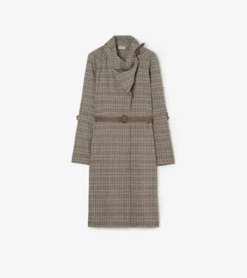 Scarf Collar Check Wool Dress in Linen beige/mole grey